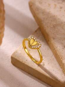 1 pieza Anillo de corazón de circonita cúbica vintage para mujer, color dorado, anillo geométrico para boda, fiesta y regalo de joyería - Dorado - Ver 10