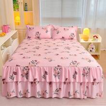 3pcs Minimalist Modern Floral Pattern Double Ruffle Bed Skirt Set, Bedroom Bedding (1 Bed Skirt, 2 Pillowcases, No Inner Core) - Pink - View 3
