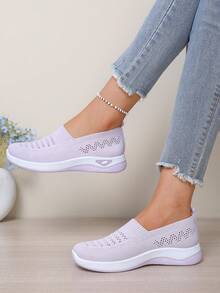 Van Skr New Spring/Summer Knitted Mesh Women Shoes, Breathable Soft Bottom Slip-On Loafers, Lightweight Comfortable Casual Sneakers - Pink - View 4