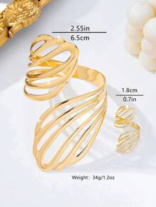 Set de 2 piezas de brazalete y anillo con diseño geométrico asimétrico en espiral de metal dorado minimalista y elegante, adecuado para uso diario y de fiesta de mujeres - Amarillo Oro - Ver 4