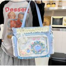 Ita Crossbody Tote Bag, Pin Display With Insert Large Messenger Bag, Cute Tote Bag With Zipper Ruffle, Japanese Aesthetic Y2k - Blue - View 3