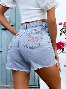 Mobula Sound#春夏百搭休閒度假風性感後口袋蝴蝶刺繡毛邊下擺Y2K年輕女性藍色牛仔短褲 - 藍色 - 查看 7