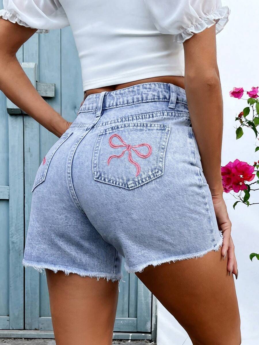 Mobula Sound#Spring/Summer Versatile Casual Vacation Sexy Back Pocket Butterfly Embroidery Frayed Hem Y2K Young Women's Blue Denim Shorts - Blue - View 1