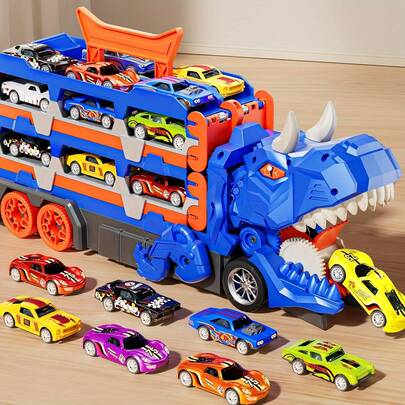 Transformable Dinosaur Truck City Track Toy Set – Multi-Layer Vehicle Kit (Green/Blue-Orange Mechanical Dinosaur Truck Open-Mouth Swallow Design, Sharp Teeth & Yellow Wheels), 6 Mini Cars On Track, Swallow/Shoot/Store Function, ABS Material Brain Training Early Education Toy For 3+ Kids (Boys & Girls), Ideal Prize/Gift For Birthday/Holiday/Back-To-School (Family Play & Parent-Child Interaction)