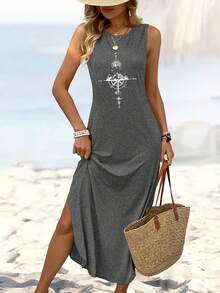 [Compass Print Tank Dress] Comfortable Sleeveless Tank Dress With Compass Print - Casual Long Sleeveless Midi Dress For Women, Lightweight Polyester, Perfect For Beach Outings, Hiking, And Casual Attire, Casual Wear Dress| Relaxed Fit Dress| Minimalist Design - 橘色 - 查看 1