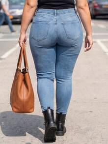 Pantalones pitillo de tela vaquera lavada con elástico y botón delantero, talla grande, primavera - Azul - Ver 5