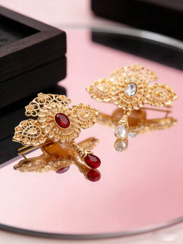 1 pieza Broche vintage con flecos de strass, broche de aleación de zinc chapado en oro con diseño floral hueco, accesorio de joyería para vestido de fiesta de mujer, también adecuado como regalo