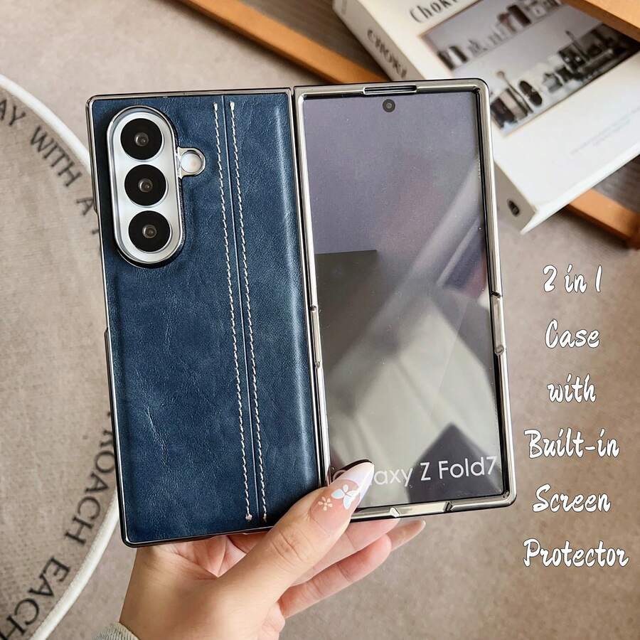 1 pezzo Custodia per telefono pieghevole in pelle PU vintage di alta qualità con cuciture e placcatura, 2 in 1 con vetro temperato, custodia protettiva antiurto completa compatibile con Samsung Galaxy Z Fold 7/6/5/4