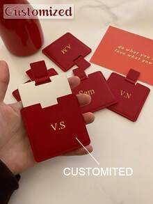 Personalized Custom Gold English Letter Name Pull-Out Desktop Makeup Mirror, Solid Color Synthetic Leather Minimalist Portable Handheld Makeup Mirror, Customizable Letter, Foldable Student Compact Cute Pocket Mirror - Multicolor - View 8