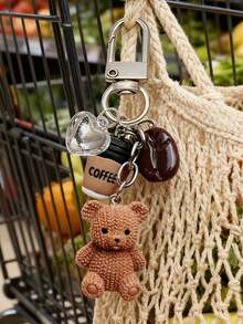 1pc Coffee & Teddy Bear Keychain Bag Pendant, Cute & Quirky Accessory For Bags & Keys! Featuring A Knitted-Style Teddy Bear, A Miniature Coffee Cup, A Coffee Bean, And A Shiny Heart Charm, Mini Resin Bag Charm, Women's Fashion Accessory, Family Keychain, Bag Decoration, Headphone Pendant, Mobile Phone Case Pendant, Car Keychain, Bag Charm, For Purse/Backpack/Notebook Decoration & Key Fob Accessory, Holiday Gift, Birthday Gift - Multicolor - View 5