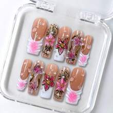 NailLuxe 10 PCS Handmade Medium Square Press-On Nails | Nude-Pink Gradient Pink Floral & Gold Bangle Sweet Girl Style With Nude-Pink Bases, 3D Pink Floral & Gold Bangle Embellishments - Hồng - Xem 1