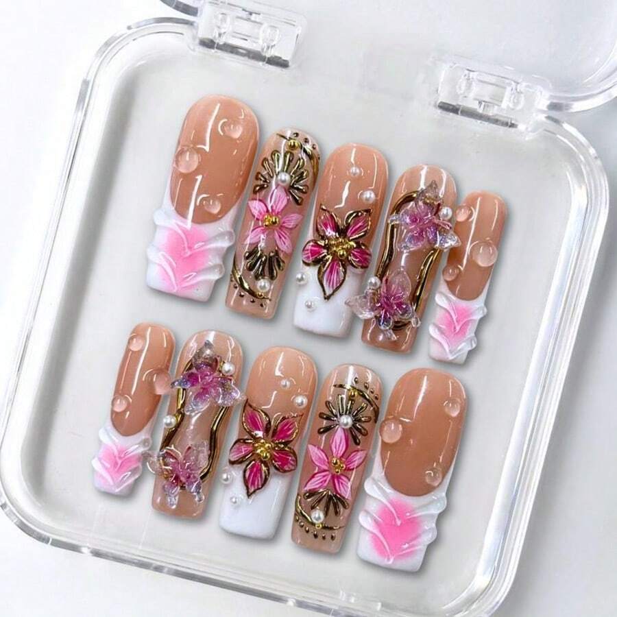 NailLuxe 10 PCS Handmade Medium Square Press-On Nails | Nude-Pink Gradient Pink Floral & Gold Bangle Sweet Girl Style With Nude-Pink Bases, 3D Pink Floral & Gold Bangle Embellishments - Hồng - Xem 1
