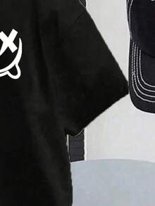 青少年男孩人脸印花圆领短袖T恤和短裤休闲日常穿搭 - 黑色 - 查看 3