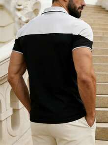 1pc Men's Summer Colorblock Patchwork Short Sleeve POLO Shirt With Embroidery, Suitable For Daily Casual, Golf, Business Commute - Black - View 2