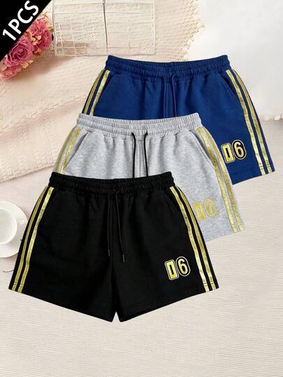 女士夏季休闲运动短裤，抽绳腰带，侧边口袋，独特的条纹和数字设计，时尚百搭，适合日常休闲、跑步、骑行、跳舞、健身和其他运动。