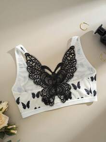 女士前扣蝴蝶印花性感文胸，后背设计 - 白色 - 查看 7