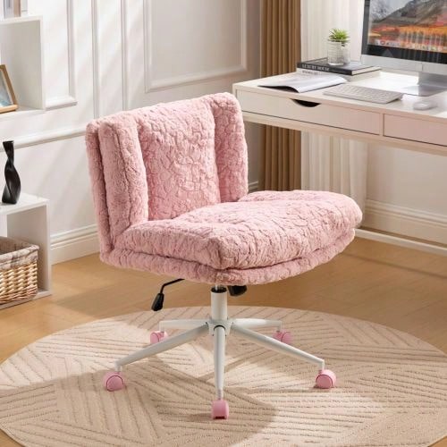 26.4-Inch Wide Seat Office Chair, Home Office Chair With Artificial Rabbit Fur, Metal Base, Adjustable Swivel Office Chair, Toilet Chair (Pink), DE1875PK - Pink - View 1