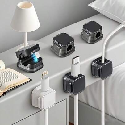 6pcs Magnetic Cable Organizer, No Drilling Required, Cable Clips & Storage Sockets, Self-Adhesive Wire Clips, Nail-Free Cable Management