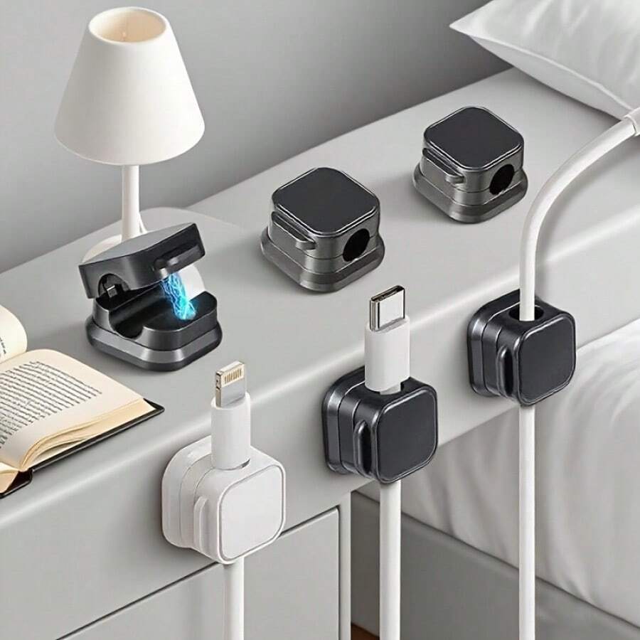 6pcs Magnetic Cable Organizer, No Drilling Required, Cable Clips & Storage Sockets, Self-Adhesive Wire Clips, Nail-Free Cable Management