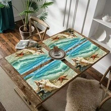 4/6/8 Piezas Set, Manteles individuales con Patrón Oceánico, Decoración de Fiesta, Manteles de Mesa de Comedor (Lino), Posavasos Lavables Impresos, Protectores de Superficie, Decoración Ideal para Reuniones Festivas en la Cocina y el Hogar - Multicolor - Ver 3