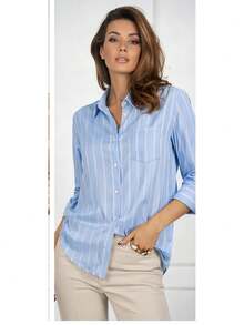 Women's Long-Sleeved Striped Linen Shirt, Brightly Colored - Màu xanh lam - Xem 1
