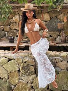 2026春夏新款女士纯色简约优雅沙滩度假泳装三件套，珍珠装饰，系带露背设计，蕾丝网纱裙，时尚比基尼套装，白色 - 白色 - 查看 16