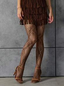 1 Pair Plus Size French Brown Lace Floral Fishnet Shiny Pantyhose, Sexy Parisian Fashion Style For Women, Suitable For Daily Wear, Party, Date, And Commute - Multicolor - View 12