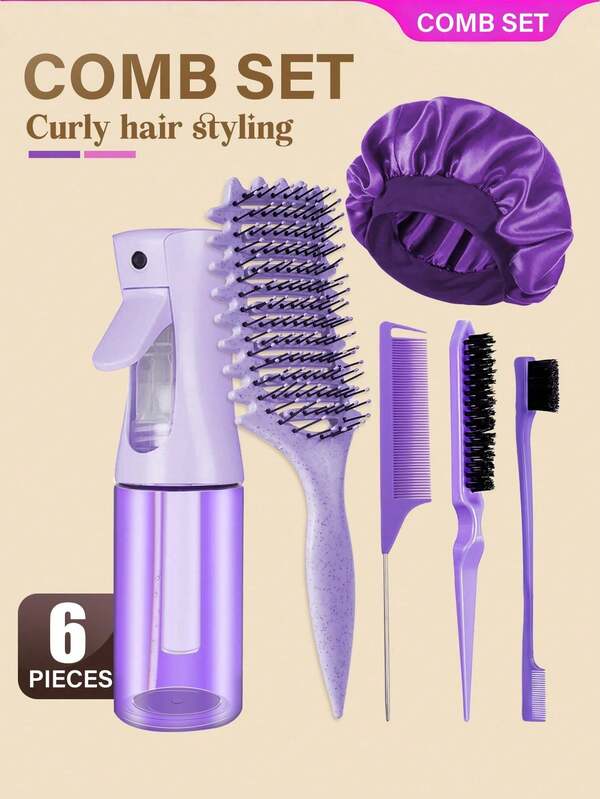 Set de 6 cepillos para peinado, incluye botella rociadora, peine rizador mejorado, cepillo volumizador, peine de cola, cepillo de línea del cabello y gorro para dormir.