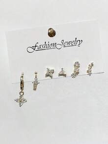 Shescity 6pcs Fashionable Delicate Micro-Inlaid Cubic Zirconia Floral Creative Versatile Women Earrings Set - Gold - View 2