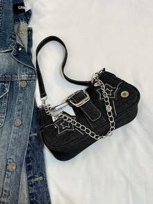 韩版极简星形牛仔腋下包，新款时尚小众新月形帆布手提包，个性化链条单肩包 - 黑色 - 查看 8