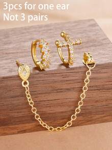 3PCS Light Luxury Fashion Zirconia Hoop Earrings Sets For Women 18K Gold Plated French Design Tassel Chain Stud Earring Temperament Punk Street Shooting Jewelry - 3PCS-gold - View 4