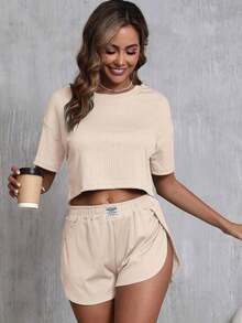 2pcs Women Summer Casual Solid Color Short Sleeve Crew Neck Crop Top & High Slit Shorts Pajama Set, Spring/Summer Lounge Set - Rượu sâm banh - Xem 4