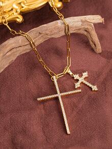 1件套奢华女士项链，配有大十字架吊坠和小十字架吊坠，不锈钢简约百搭信仰项链，是生日、周年纪念日和节日送给信徒、家人和朋友的理想礼物。 - 彩色 - 查看 2