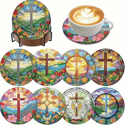 8pcs Cross Diamond Painting Coaster Set, Rounded High Shine Diamond Surface, Firmly Adhesive With Full Tools, Easy For Beginners Stress Relief Handcraft, New Year, Valentine's Day, Christmas, Teacher's Day Gift, Home Decor Tabletop Coasters For Family, Friends, Girlfriend, Teacher