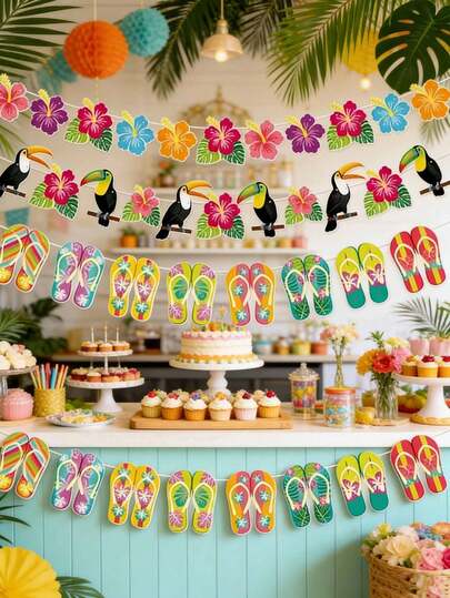 Trang trí tiệc theo chủ đề Hawaii: Dây cờ trang trí hình chim hồng hạc mùa hè, vòng hoa Aloha, biểu ngữ "Sofa-Ri" chủ đề rừng nhiệt đới, đồ trang trí treo tiệc, phông nền Hawaii, đồ trang trí phông nền tiệc.