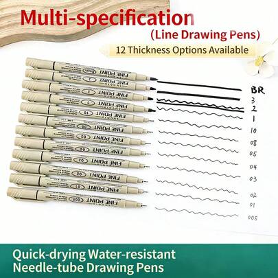 Bộ 12 bút mực đầu mảnh, chống thấm nước, dùng để vẽ, phác thảo, vẽ truyện tranh, thư pháp và thiết kế nghệ thuật.