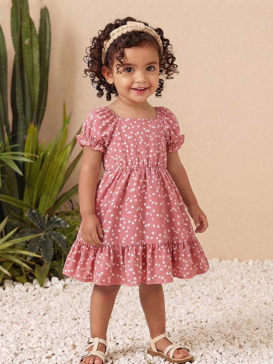 Summer Young Girls' Valentine's Day Heart Print Square Neck Puff Sleeve Mermaid Hem Patchwork Dress - Pink - View 1