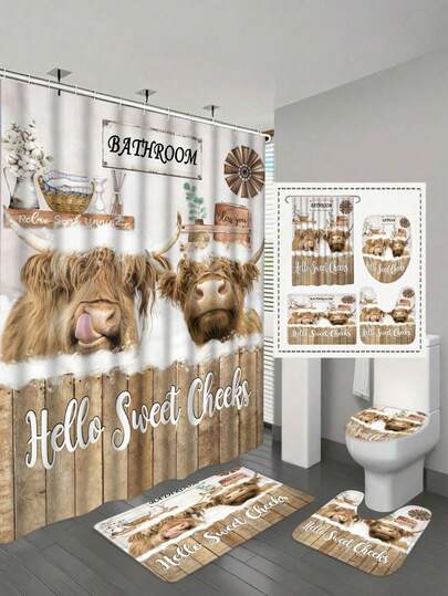 1/4 件套乡村风牛皮浴帘套装，高品质浴室隔断帘（带挂钩），防滑浴室垫，U 型马桶垫，马桶座套，浴室配件，浴室家居装饰