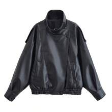 Áo khoác da giả dày dặn màu đen, cổ đứng, tay dài, khóa kéo, kiểu biker dành cho nữ, thích hợp mặc hàng ngày. - màu đen - Xem 9
