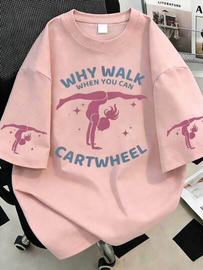 芭蕾舞印花圆领图案T恤，大码女式休闲夏季时尚短袖T恤。适合夏季度假、休闲、春季穿着、情人节穿着。