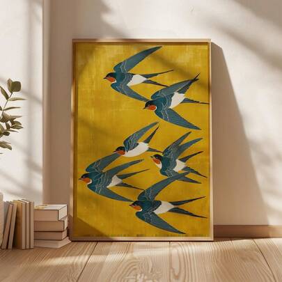 1 Pc Unframed Swallow Birds Canvas Wall Art Posters, Yellow And Blue Wall Arts,Perfect For Decorating The Living Room, Bedroom, Kitchen, Entryway, Or Bathroom-And Also Makes An Ideal Gift For Family And Friends.