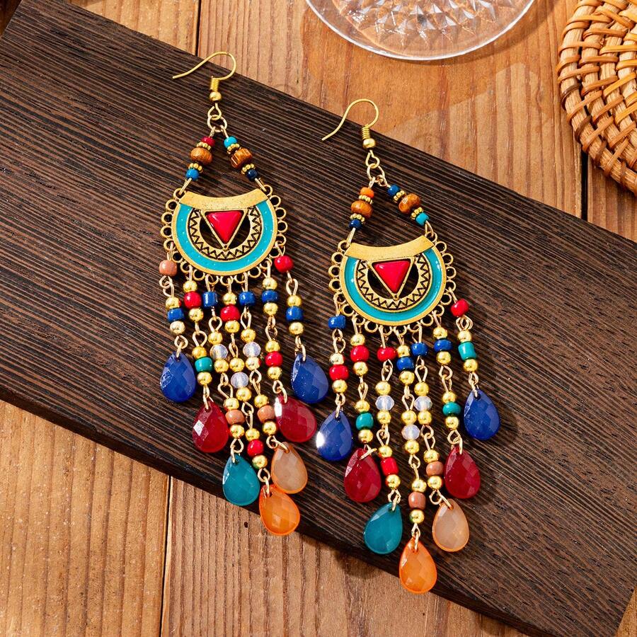 复古波西米亚风几何流苏串珠耳环，适合女性参加节日庆典 - 彩色的 - 查看 1