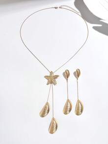 1 Set European And American Minimalist Ocean Elements Gold Starfish & Seahorse Long Tassel Y-Necklace And Earrings Jewelry Set, Versatile Elegant Jewelry Suitable For Women, Vacation, Party, Dinner - Gold - View 3