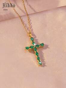 Hihho 1件简约奢华闪亮锆石十字架吊坠项链，优雅中性珠宝，寓意深刻，适合作为送给女友、闺蜜或节日礼物 - 金黃色 - 查看 13