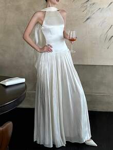 优雅女士缎面吊带褶皱连衣裙，适合毕业典礼、晚宴、奢华伴娘礼服、飘逸婚礼宾客装、假日旅行春季派对穿着 - 杏色 - 查看 8