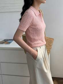 Blusa de punto de cuello polo de unicolor con mangas cortas para mujer, con textura acanalada, cierre de botones, adecuada para el hogar, la playa y el uso diario en verano, color rosa - Rosa - Ver 2