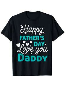 Men'S Happy Father'S Day T-Shirt | Turquoise & White Daddy Love You Print, Black Retro Round Neck, Casual Gift For Dad, White & Black Graphic Tee With Heart Design, Machine Washable, Pure 220G - 黑色 - 查看 1