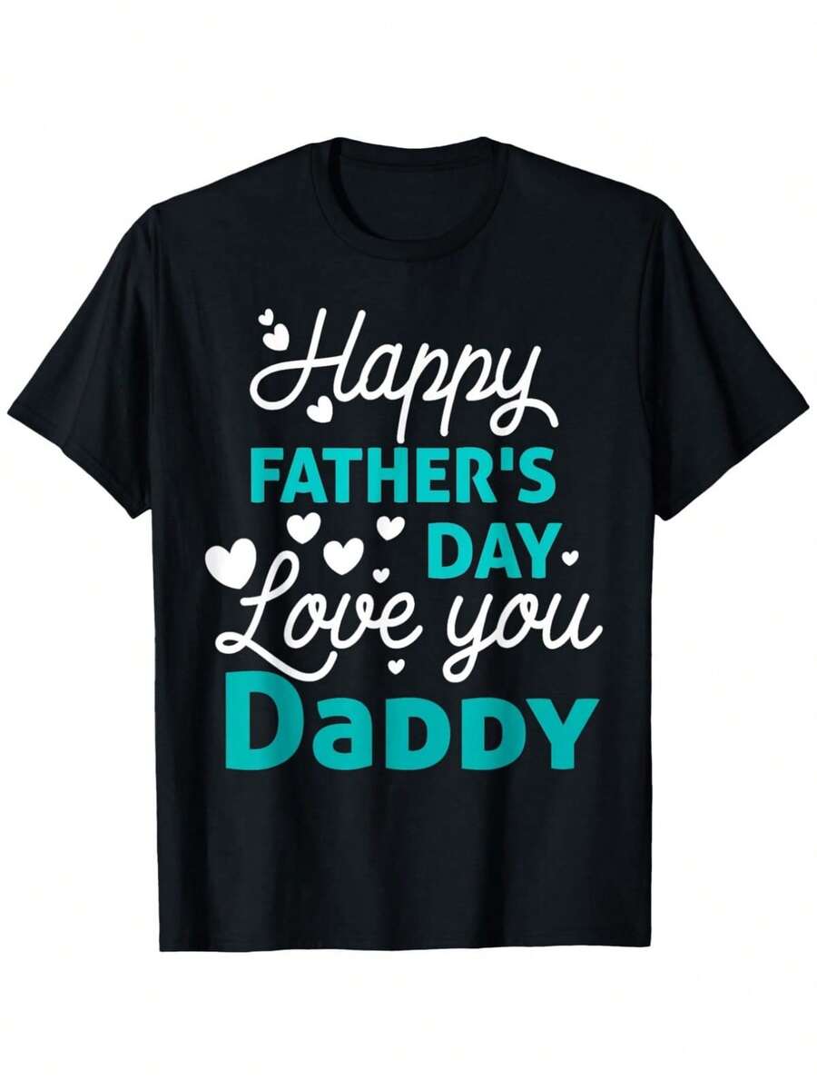 Men'S Happy Father'S Day T-Shirt | Turquoise & White Daddy Love You Print, Black Retro Round Neck, Casual Gift For Dad, White & Black Graphic Tee With Heart Design, Machine Washable, Pure 220G - 黑色 - 查看 1