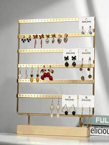 1pc Metal Jewelry Display Stand With Multi-Hole Walnut Color Base, 6-Tier Earring & Stud Holder, Jewelry Store Live Stream Booth Home Decor Display Prop - Walnut-colored Base - View 9
