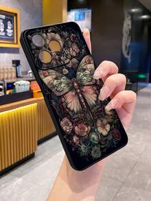 1个深色花卉蝴蝶图案防震手机壳，UV印刷，适用于三星/Galaxy/安卓机型 - 黑色 - 查看 2